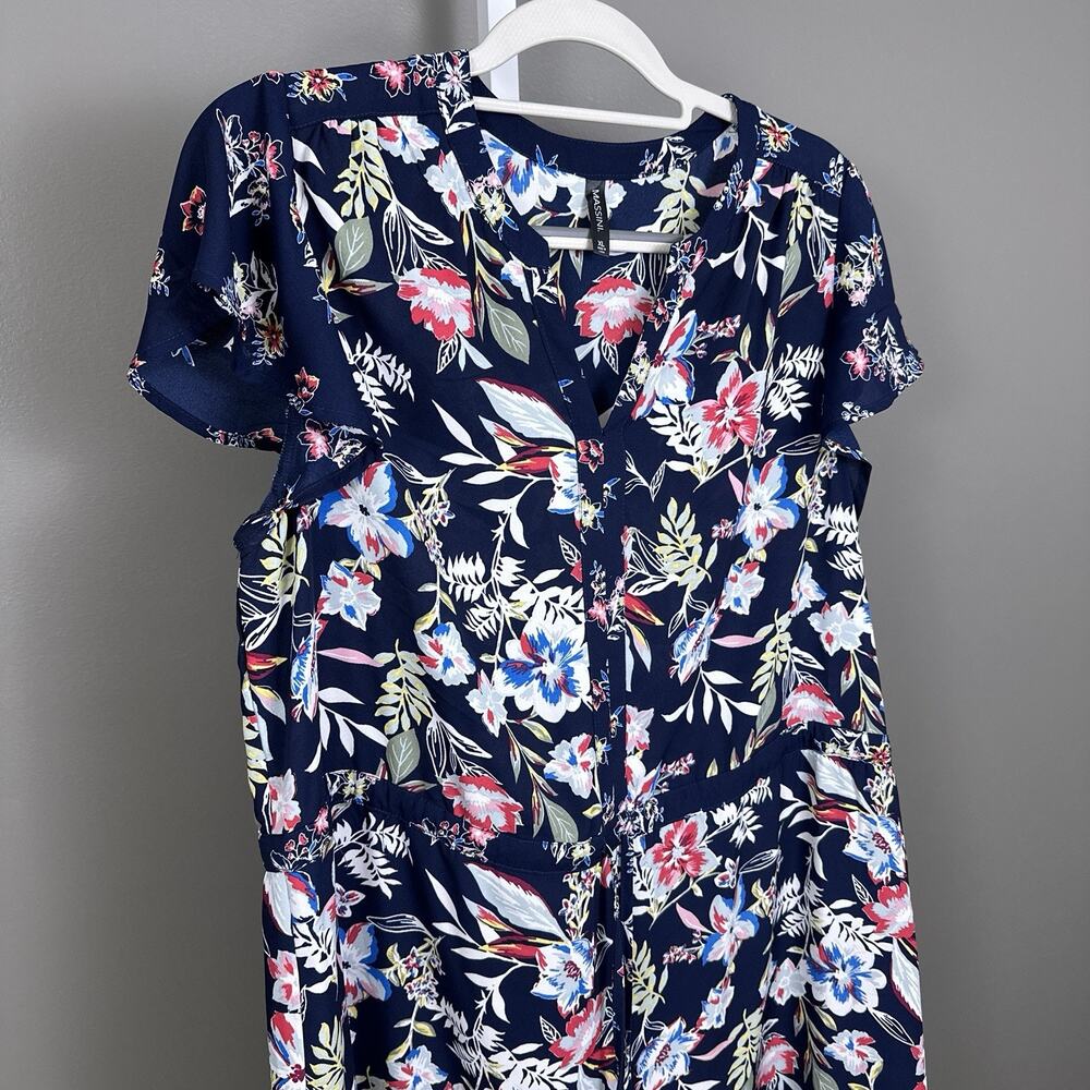 Vintage Massini Floral Dress XL Navy Tropical Midi Drawstring Waist Cottagecore - Picture 3 of 8